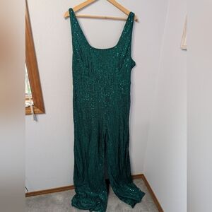NWT Love & Lemonade Sequin Wide-Leg Jumpsuit | Size XL | Emerald Green